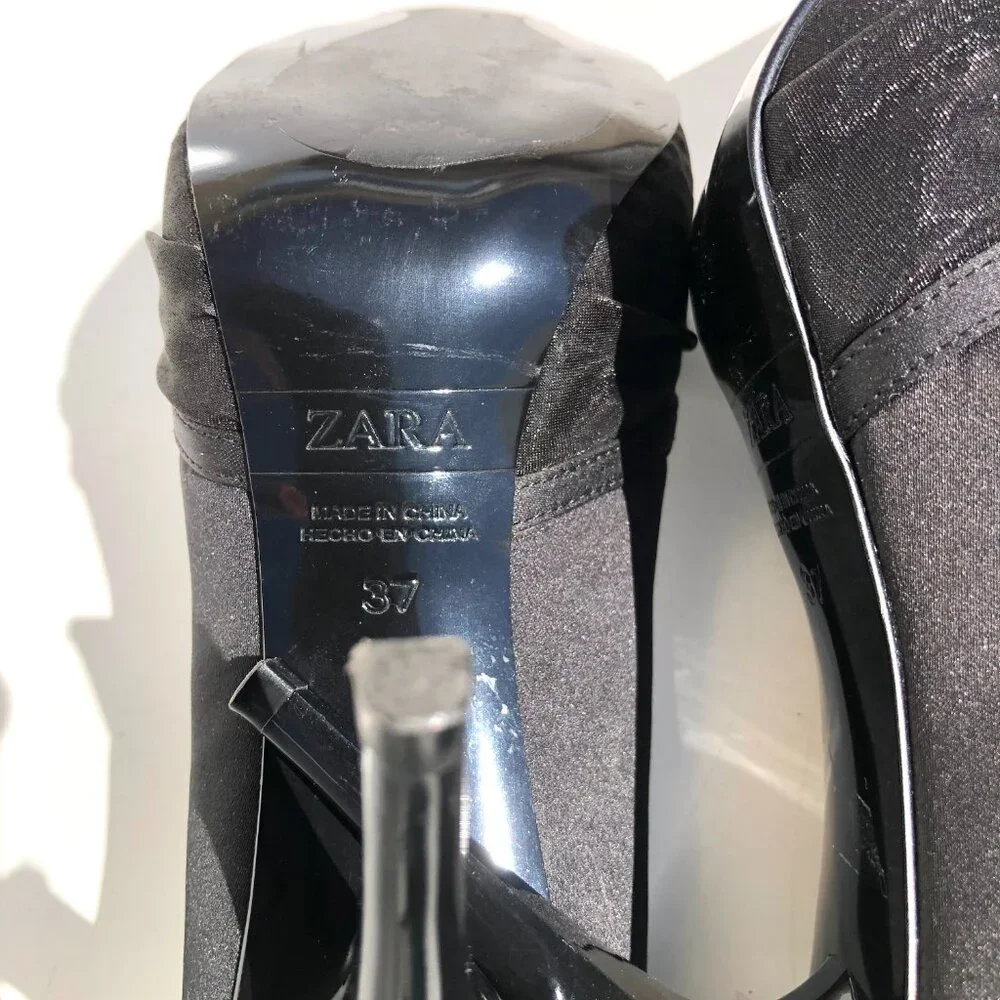 Zara Collection peep toe heels 37 black satin patent platform pump evening party